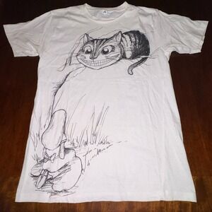 Alice in Wonderland Cheshire Cat Graphic T Shirt White Sketch Tee Size M